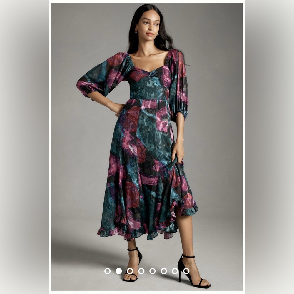 Hutch Printed Twist-Front Puff-Sleeve Ruffle-Hem Dress NWT